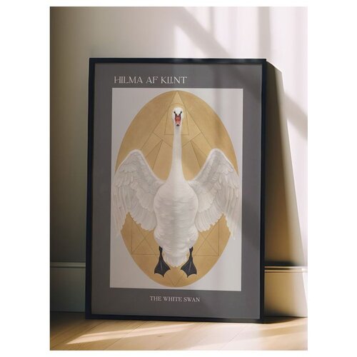 Wallxpert uramljena slika 115230, The White Swan Hilme af Klint, beli labud u zlatnom ovalu, 50 x 70 cm, crni ram Slike