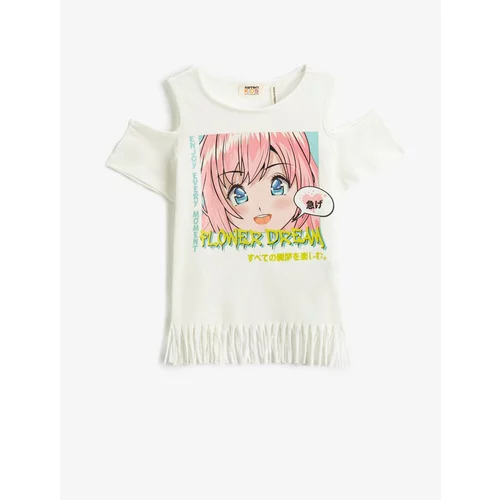 Koton Anime Printed Tasseled T-Shirt Short Sleeve Window Detail Cotton