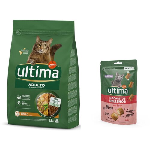  2,5 kg Ultima + 60 g Ultima Snacks punjeni zalogajčići s govedinom gratis! - Adult piletina Slike