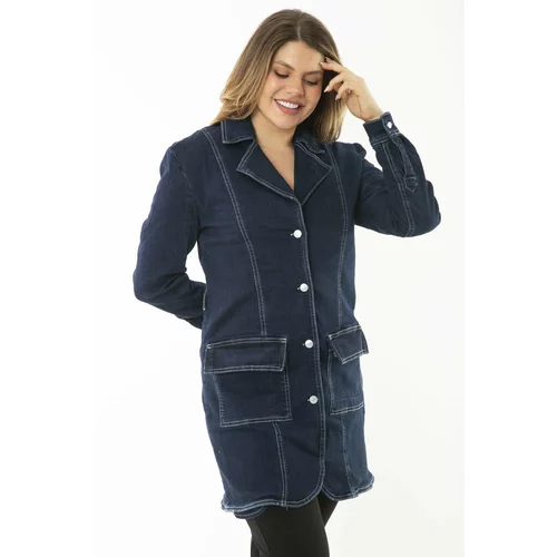 Şans Women's Plus Size Navy Blue Front Button And Pocket Lycra Denim Coat
