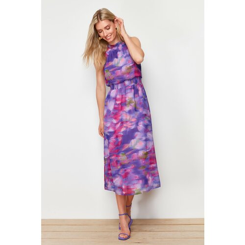 Trendyol Purple Floral Print A-line Chiffon Lined Midi Woven Dress Cene