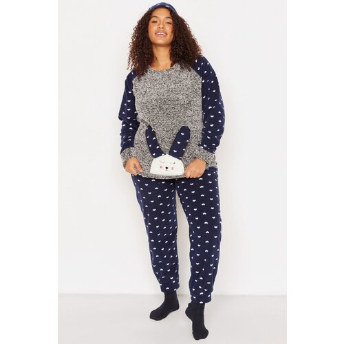 Trendyol Curve Plus Size Pajama Set - Gray - With Slogan Slike