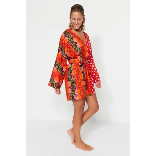 Trendyol Floral Pattern Belted Mini-Weave 100% Cotton Beach Dress