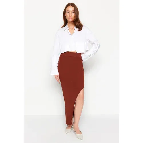 Dilvin 80108 Left Side Slit Knitwear Skirt-brown