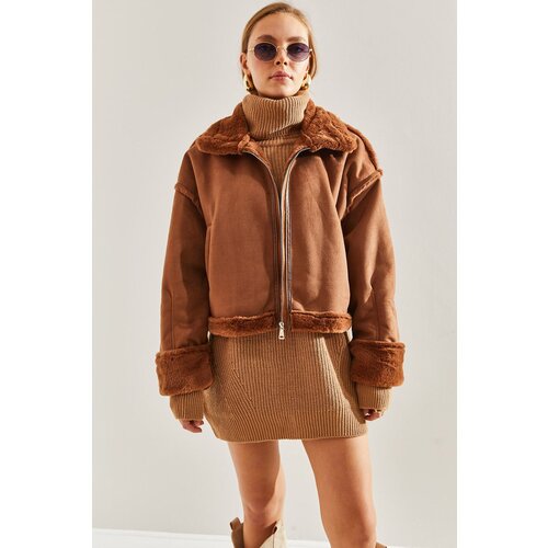 Bianco Lucci Women&amp;#039;s Shearling Side Pockets Welt Suede Coat Slike