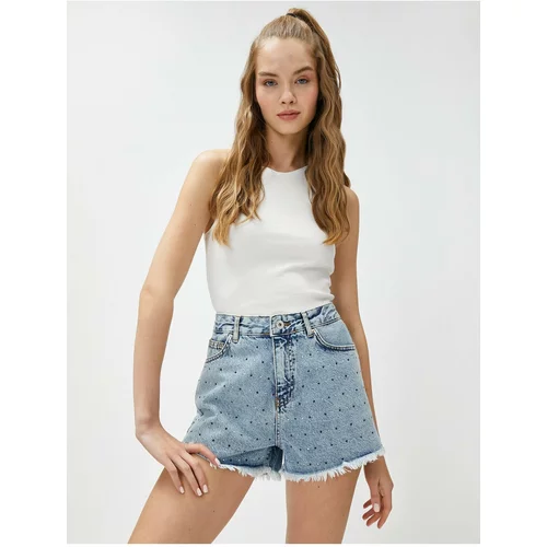 Koton Mini Denim Shorts With Embroidered Stones Pockets, Ripped Cotton