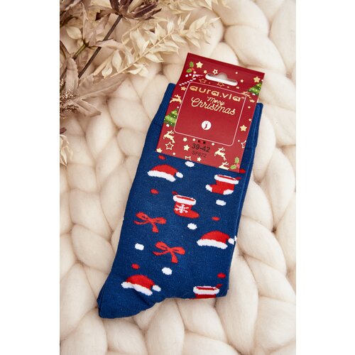 Kesi Men's Cotton Christmas Socks with Navy Blue Patterns Slike