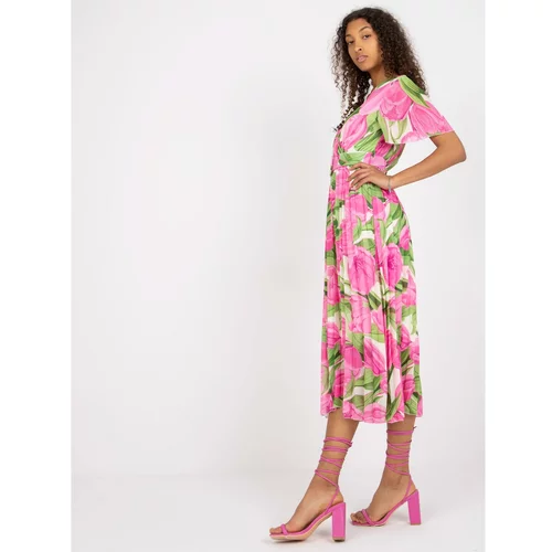 Fashion Hunters Pink and green one size pleated dress with a floral print