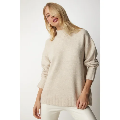  Women's Beige Stand-Up Collar Soft Textured Knitwear Sweater