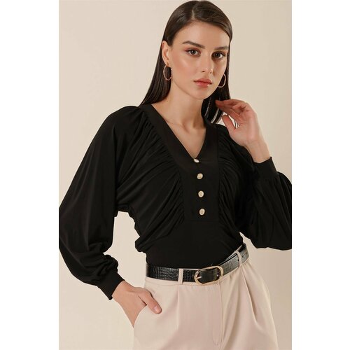 By Saygı V-Neck Lycra Blouse With Bat Sleeves and Button Detail Black Cene