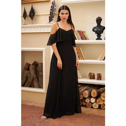 Carmen Black Evening Dress with Low Sleeves and Straps Slike