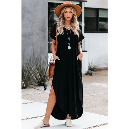 Fenzy Maksi Haljina &amp;Scaron;irokog Kroja S &amp;quot;V&amp;quot; Izrezom, Kratkim Rukavima S Volanima I Prorezima Mandelina, Crna Slike