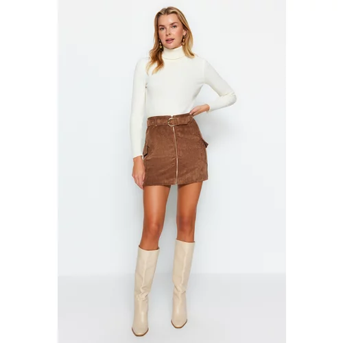 Trendyol Brown Velvet Mini Skirt With Zipper Belt
