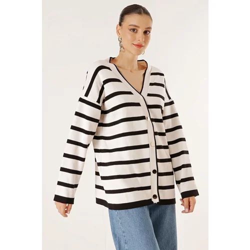 By Saygı Cross Striped Yellow Front Buttoned Cardigan