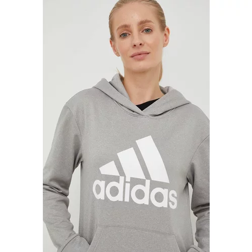 Adidas Pulover za vadbo Big Logo ženski, siva barva s kapuco