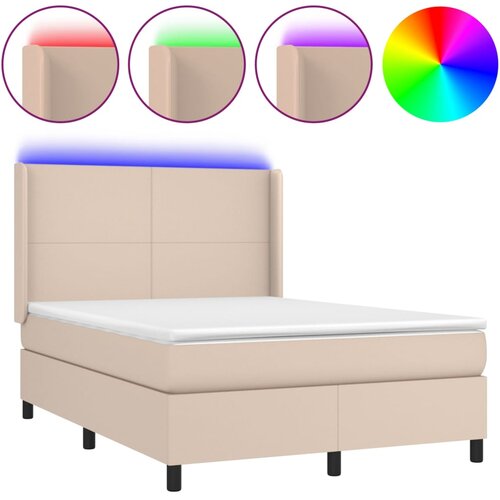  Krevet box spring madrac LED cappuccino 140x190cm umjetna koža Slike