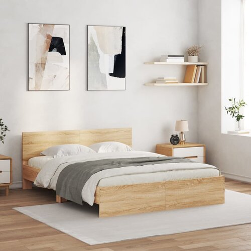 VidaXL Posteljni okvir z vzglavjem sonoma hrast 140x190 cm Slike