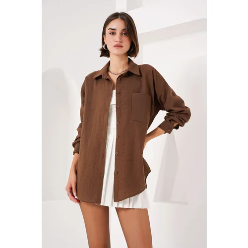 Bigdart 20153 Single Pocket Oversize Linen Shirt - Light Brown