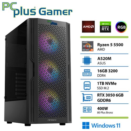 PCPLUS gaming računalnik gamer ryzen 5 5500 16gb 1tb nvme ssd geforce rtx 3050 6gb windows 11 Cene
