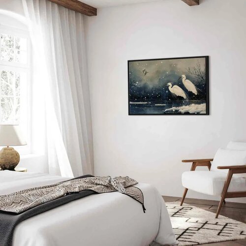  Slika - Herons over a winter pond - Japanese-style illustration in dark colours 90x60 U crnom drvenom okviru Slike