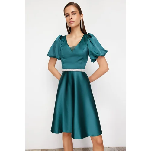 Trendyol Emerald Green Stone Accessory Stylish Evening Dress with Belt Detail