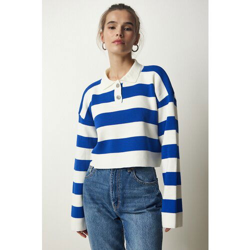 Happiness İstanbul Women's White Blue Stylish Buttoned Collar Striped Crop Knitwear Sweater Slike