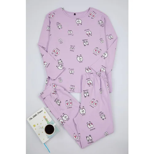 Trendyol Lilac 100 Cotton Eye Patterned T-shirt-Jogger Knitted Pajama Set