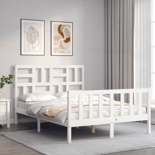 The Living Store Posteljni okvir z vzglavjem bel 4FT trden les - Posteljni Okvir, (21523031) Cene