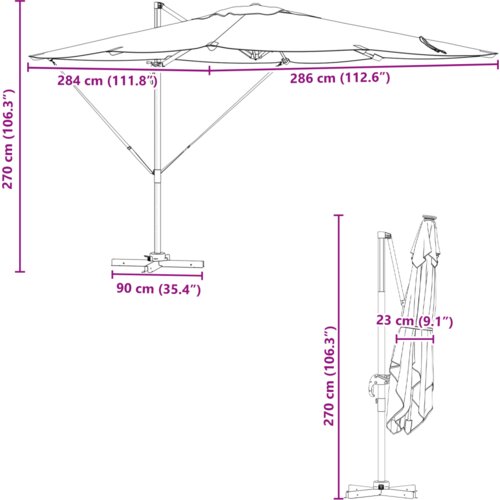 vidaXL Kantilever Roma Parasol Crni 286x285x265 cm Aluminij Cijene