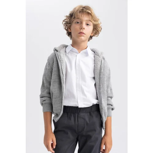 Defacto Boy's Gray Hooded Knitwear School Cardigan