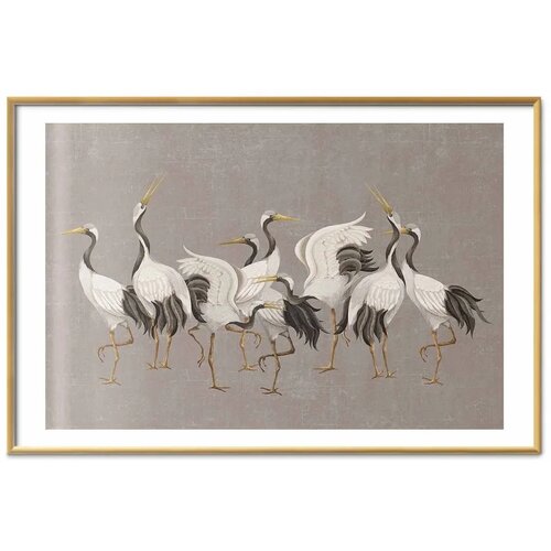  Plakat - Crane Dance - light bird silhouettes on a warm-gray textured background 90x60 Zlatni okvir s margom Slike