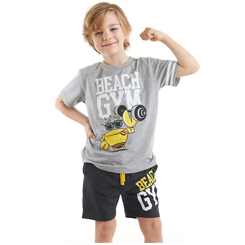 Denokids Beach Gym Boys' Gray T-shirt and Black Shorts Set.