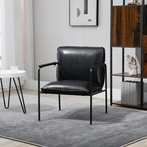 HOMCOM Komorni fotelj iz umetnega PU usnja in jekla, oblazinjen fotelj v industrijskem slogu za dnevno sobo in pisarno, 60x59x78cm, črn, (20745188)