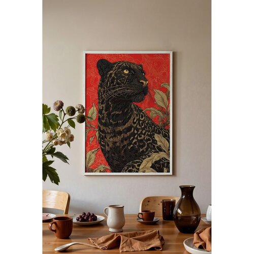 Wallxpert uramljena slika 115265, crni panter sa lišćem na crvenoj pozadini, 50 x 70 cm, beli ram Cene