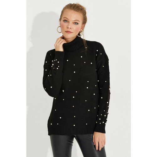 Cool & Sexy Women's Black Turtleneck Pearl Knitwear Sweater Cene