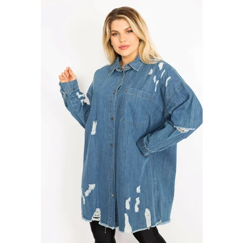 Şans Women's Plus Size Blue Ripped Detailed Loose Cut Oversize Denim Tunic Jacket