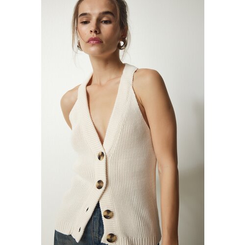  Women&amp;#039;s Cream Halterneck Buttons Knitwear Vest Slike