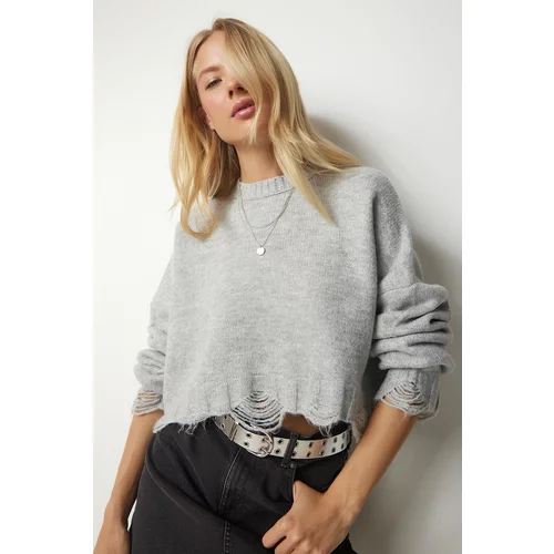Happiness İstanbul Women's Gray Torn Detailed Knitwear Sweater