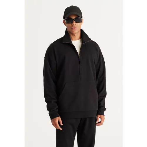 AC&Co / Altınyıldız Classics Men's Black Oversize Loose Fit Fleece Thread Standing Bato Collar Cotton Sweatshirt