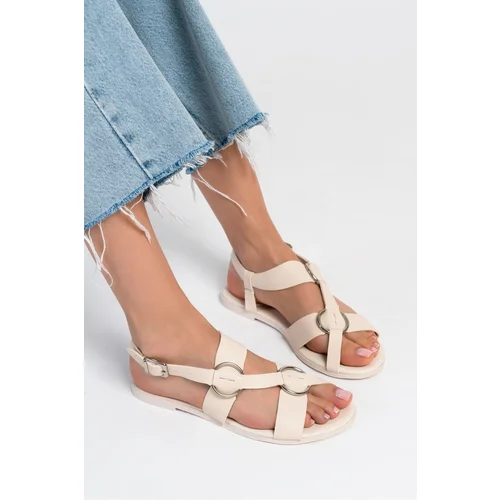 NİŞANTAŞI SHOES Holla Beige Matte Belt Detail Flat Sole Women's Sandals