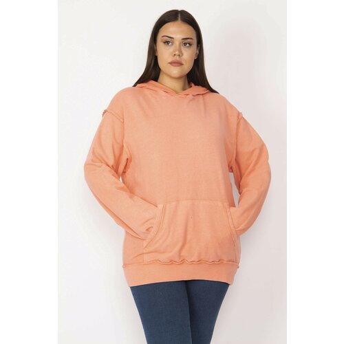 Şans Women's Plus Size Orange Hooded Kangaroo Pocket Sweatshirt Slike