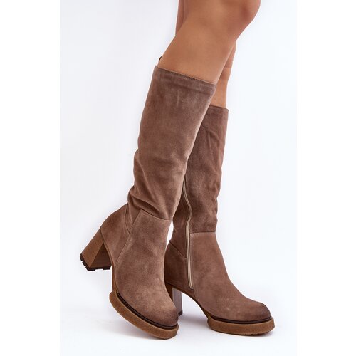 Kesi Women's suede boots with high heels above the knee, brown Lemar Ceraxa Cene