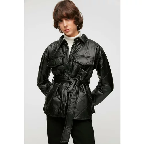 Trendyol Black Belted Faux Leather Quilted Coat