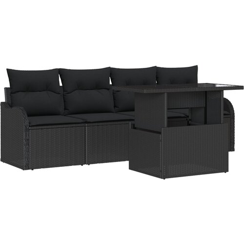 VidaXL set od 5 komada vrtnih sofa s jastučićima Crni poli ratan, dvosed vrtna sofra s pohranom i jastučićima Crni poli ratan Slike