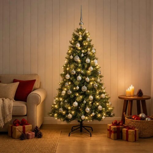  Umjetno božićno drvce s kuglicom 150 cm 150 LED lampica - Zelena 150 cm s LED-ima i srebrnim lopticama Cene