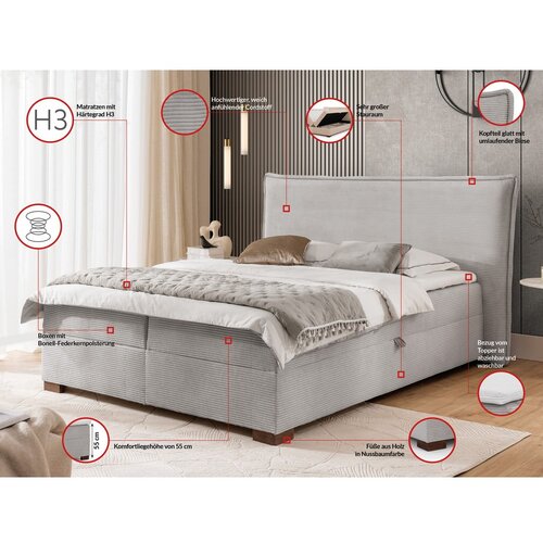 Ropez Svetlo siva boxspring postelja s prostorom za shranjevanje 140x200 cm Lysa &amp;ndash; Slike