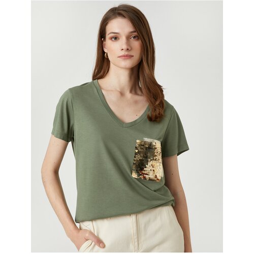 Koton Sequin Embroidered T-Shirt Short Sleeve V-Neck Slike