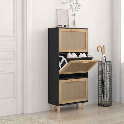 Ormarić za cipele crni 52 x 25 x 115 cm drvo i prirodni ratan Cijene