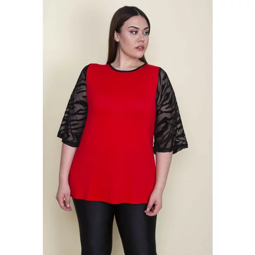 Şans Women's Plus Size Red Flocked Sleeves Tulle Detail Viscose Blouse