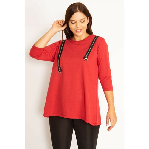 Şans Women's Plus Size Burgundy Ornamental Zippered Sweatshirt Slike